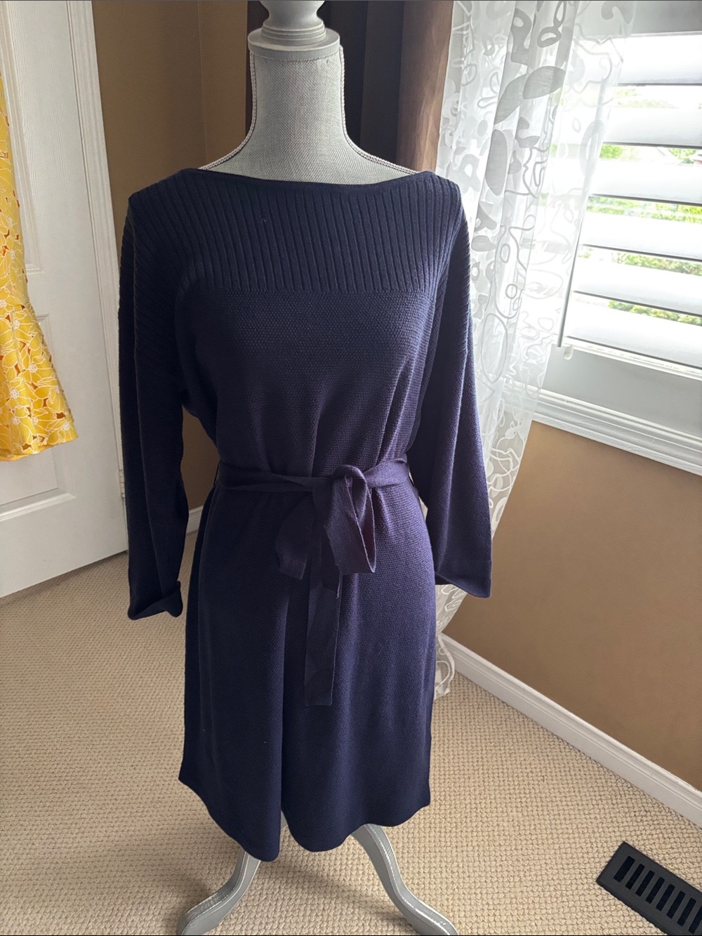 3/$20 Reitmans Dark Purple Ribbed Knit Long Sleeve Belted Dress
